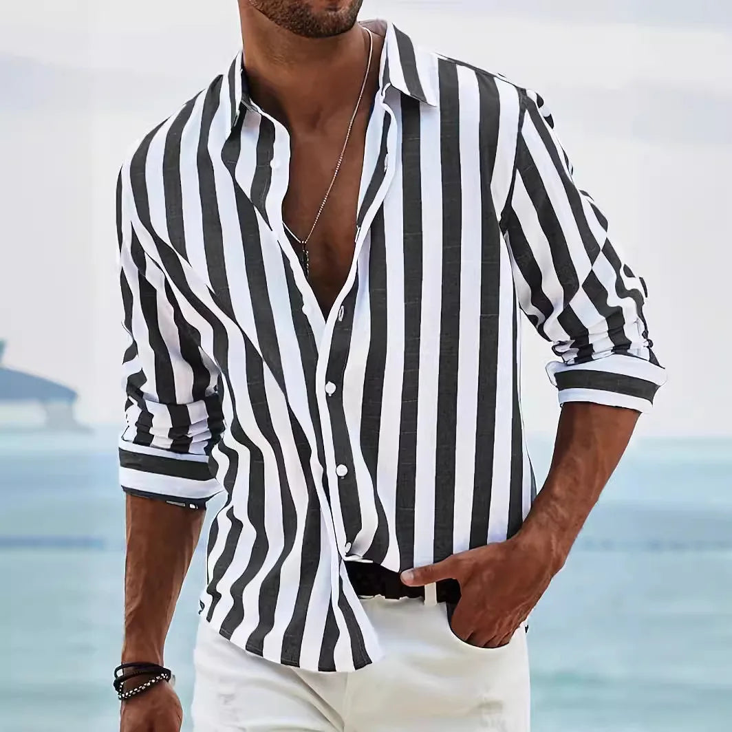 Alfie | Men's Striped Long Sleeve Shirt - Black
