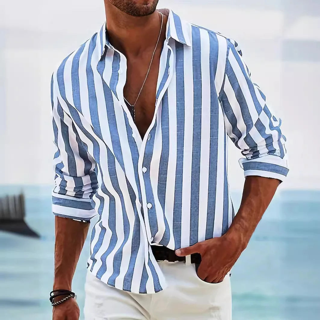 Alfie | Men's Striped Long Sleeve Shirt - Blue