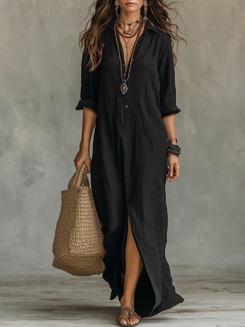 Amber | Women's Long Sleeve Maxi Shirt Dress - Black