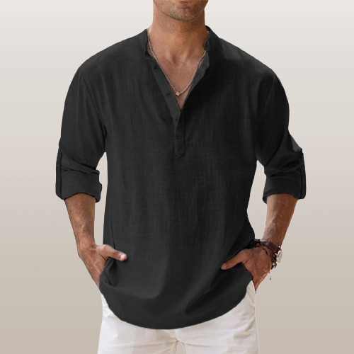Archie | Men's Cotton Grandad Collar Shirt - black