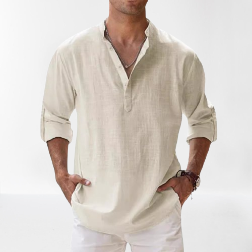 Archie | Men's Cotton Grandad Collar Shirt - ivory white