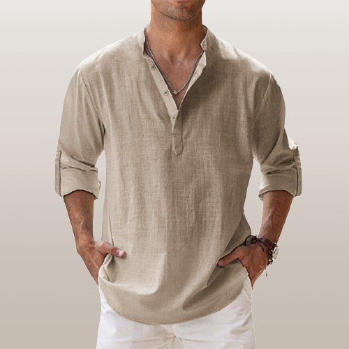 Archie | Men's Cotton Grandad Collar Shirt - khaki