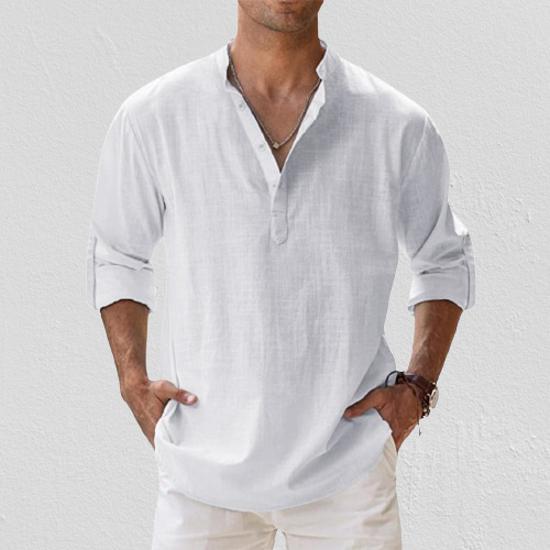 Archie | Men's Cotton Grandad Collar Shirt - white