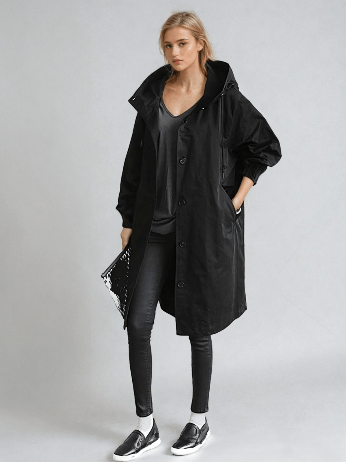 Audrey | Trenchcoat dam med huva - Svart