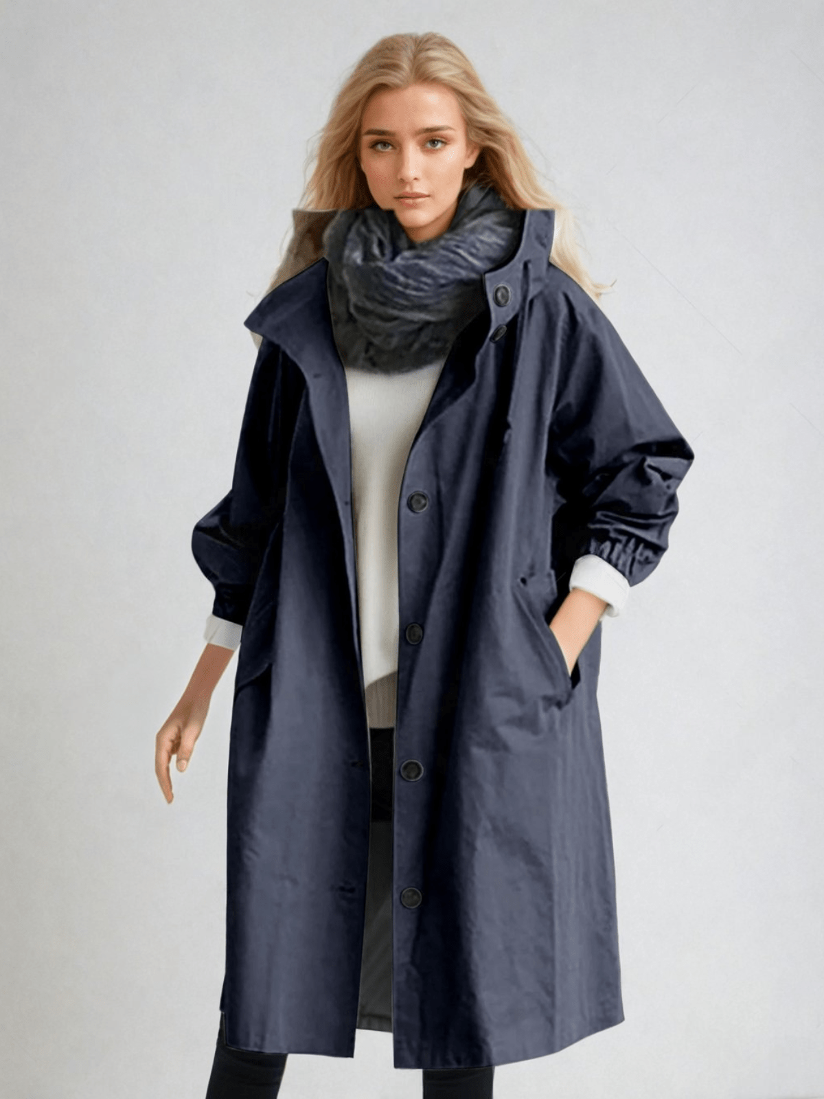 Audrey | Trenchcoat dam med huva - Marinblå