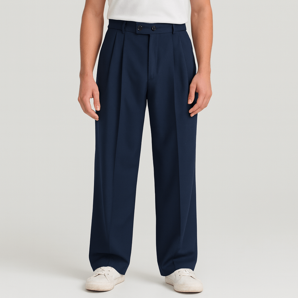 Benjamin | Men's Wide Leg Pleated Trousers - Navy blue