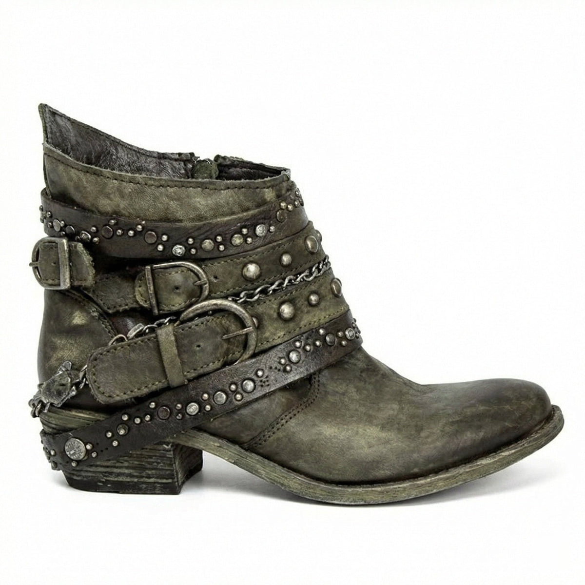 Birgitta | Ankelboots dam med nitar och kedja - Grön