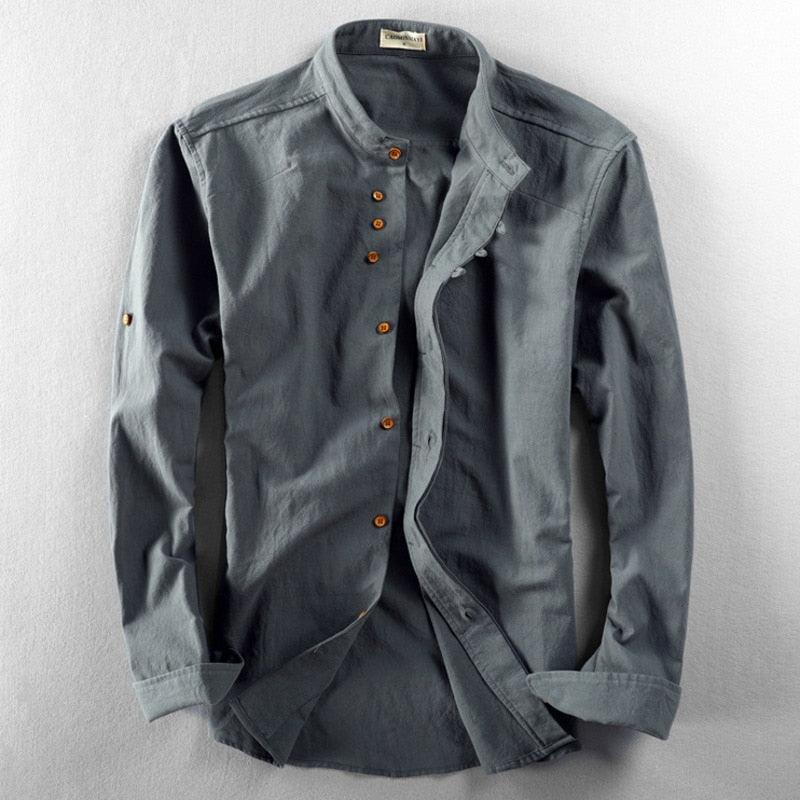 Cameron | Men's Linen Grandad Collar Shirt - Grey