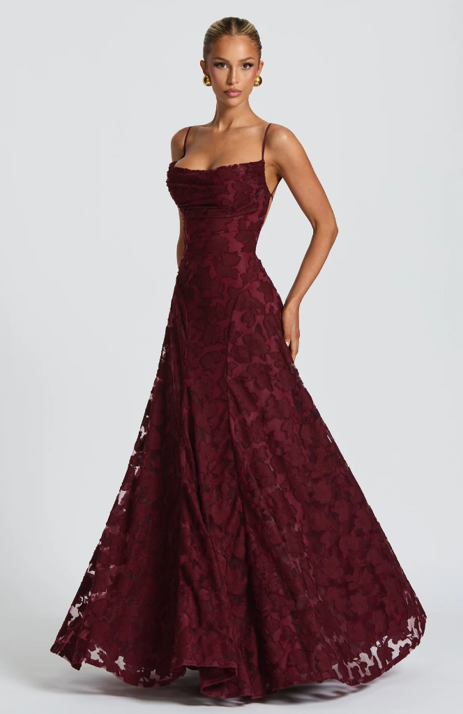 Charlotte | Women's Floral Lace Maxi Dress - Burgundy
