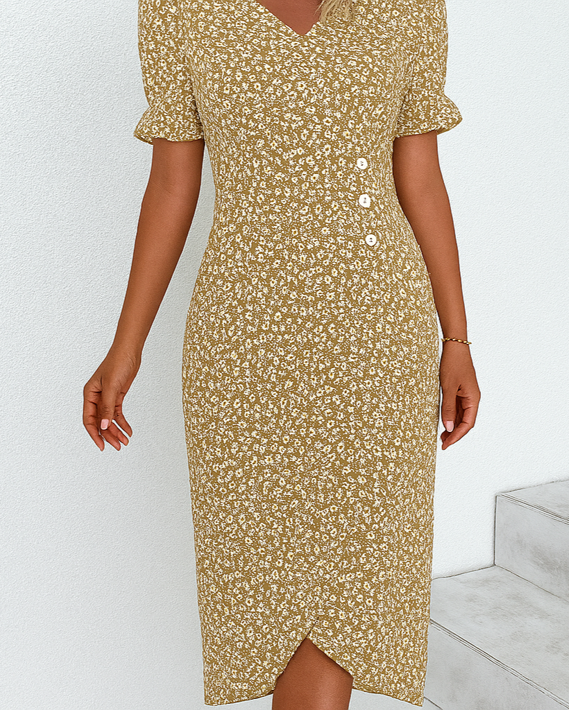 Elsie | Women's Floral V-Neck Midi Dress - Khaki