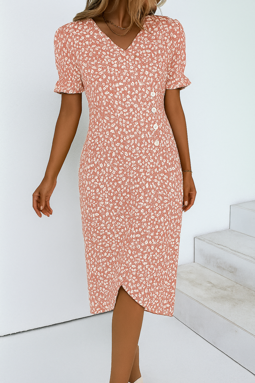 Elsie | Women's Floral V-Neck Midi Dress - Pink