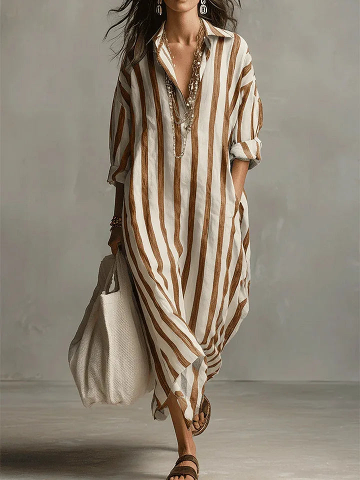 Elsie | Women's Linen Blend Maxi Shirt Dress - Mustard