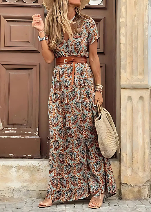 Emily | Women's Boho V-Neck Maxi Dress - Brown