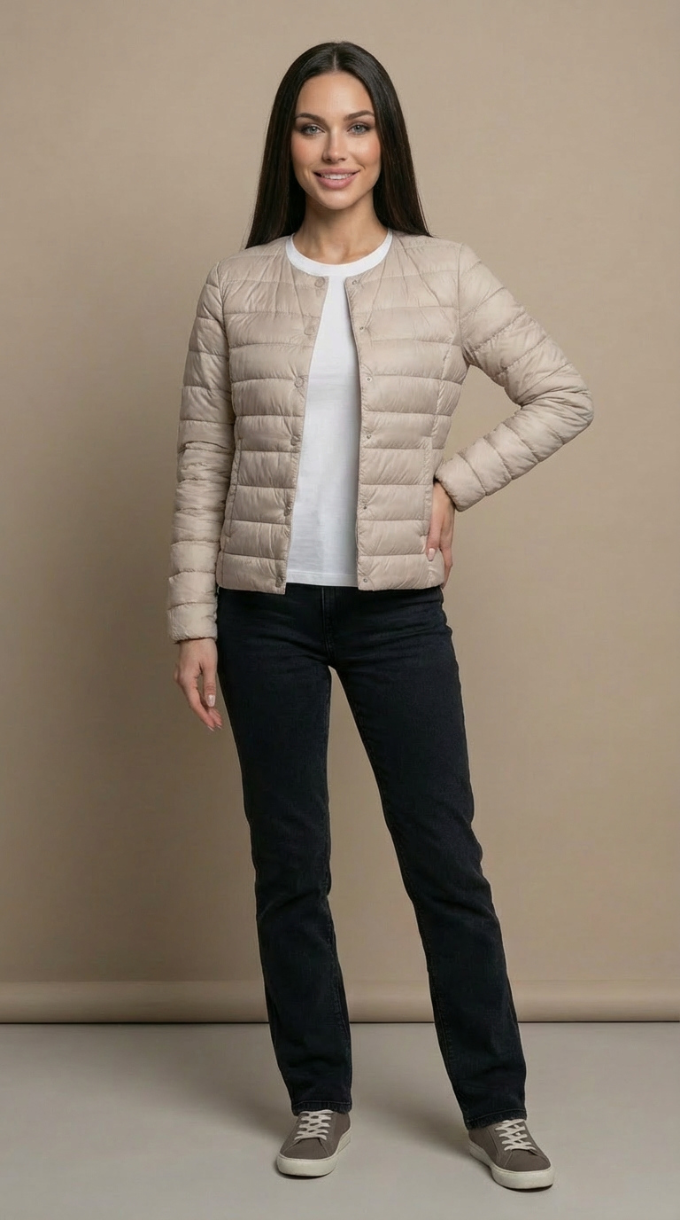 Emily | Women's Lightweight Quilted Collarless Jacket - Beige
