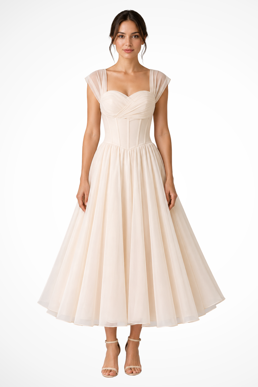 Hazel | Women's Tulle Sweetheart Neck Midi Dress - Apricot