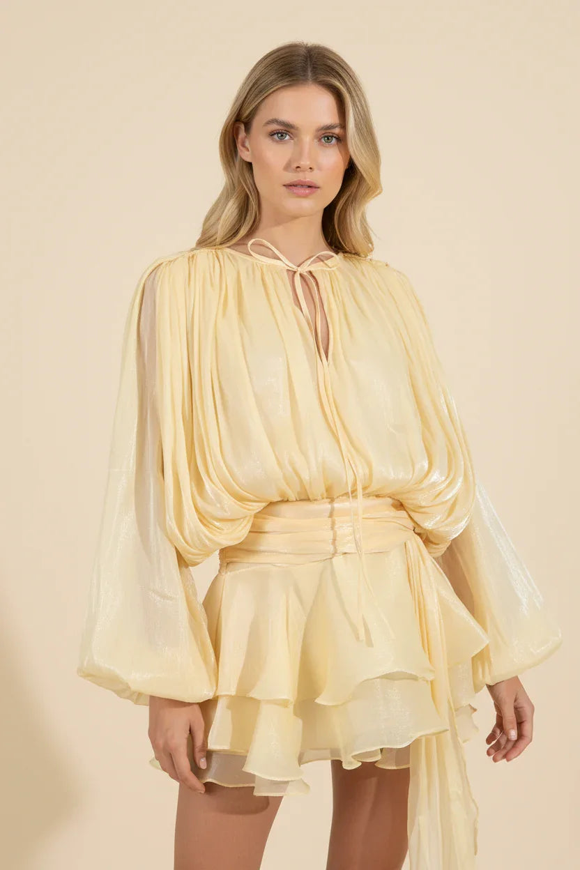 Imogen | Women's Balloon Sleeve Flowy Mini Dress - Yellow