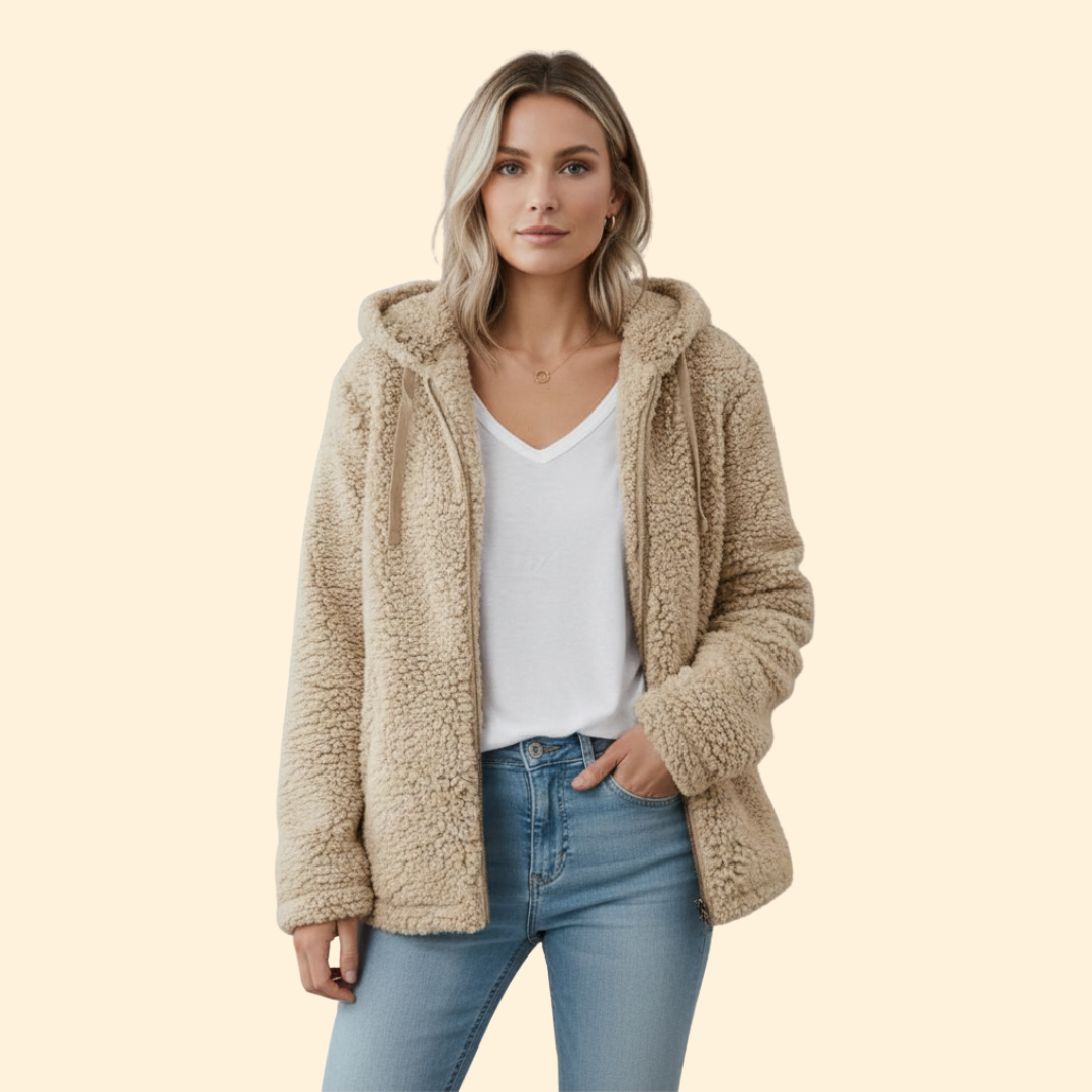 Ingrid | Teddyjacka för dam med huva - Beige