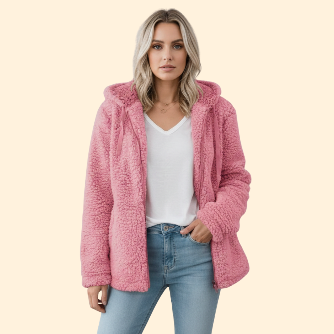 Ingrid | Teddyjacka för dam med huva - Rosa