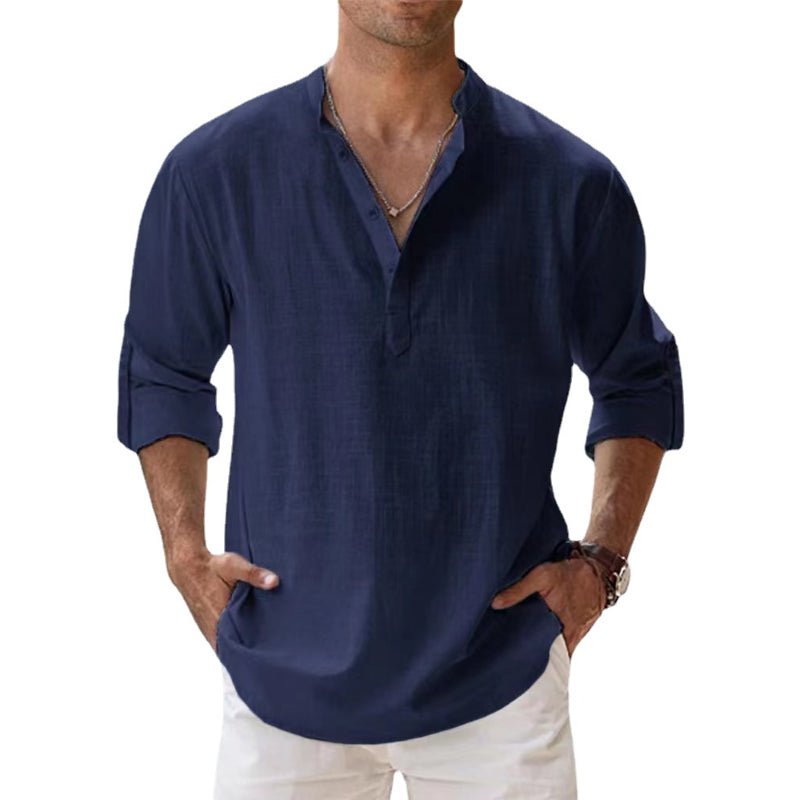 James | Men's Linen Long Sleeve Henley Shirt - Dark blue
