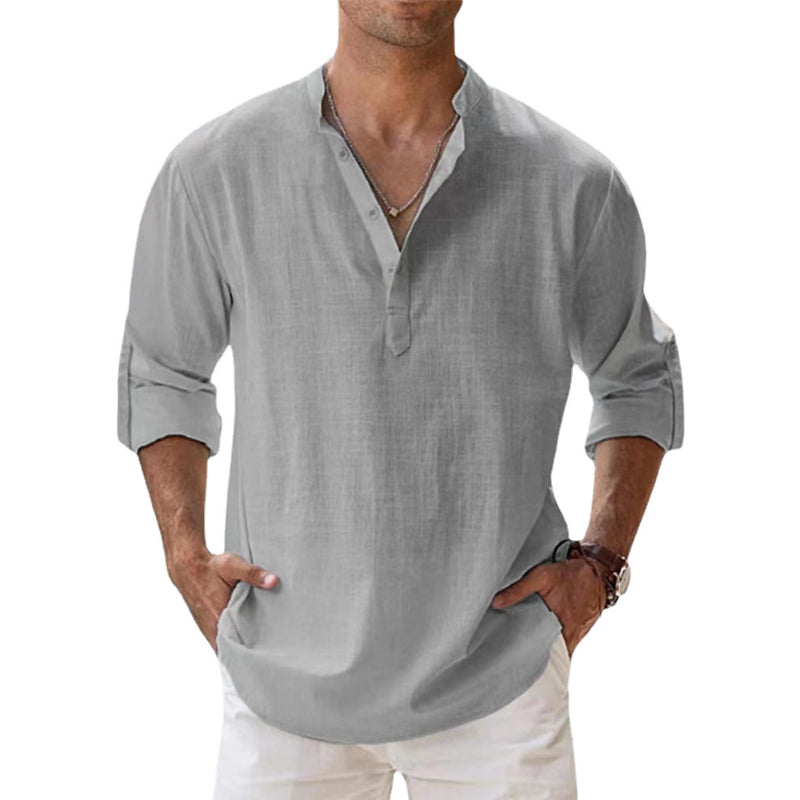 James | Men's Linen Long Sleeve Henley Shirt - Gray