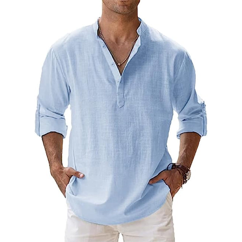 James | Men's Linen Long Sleeve Henley Shirt - Light blue