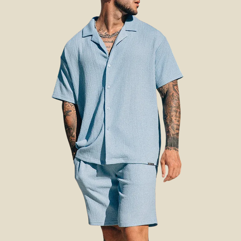 Kai | Men's Camp Collar Shirt & Shorts Set - Light blue