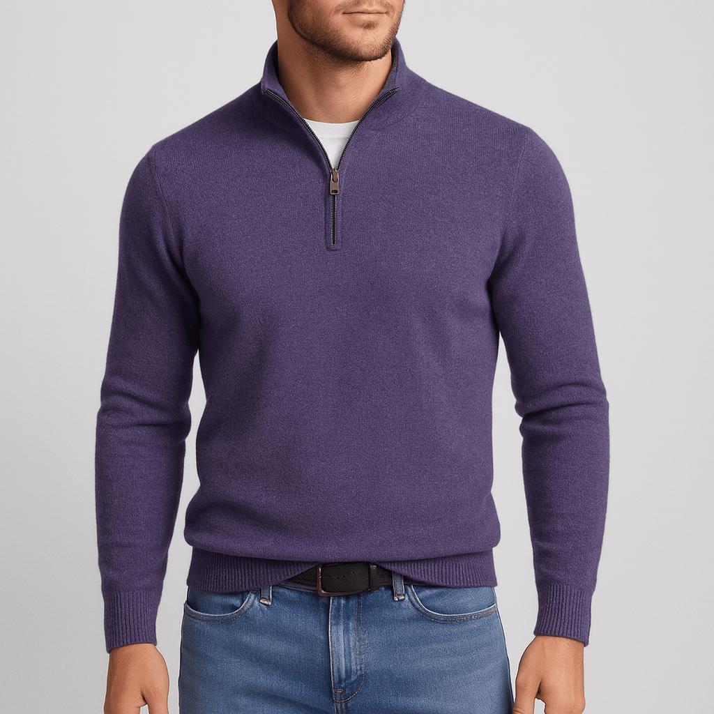 Kasper | Stickad halfzip-tröja i merinoull för herr - Violett