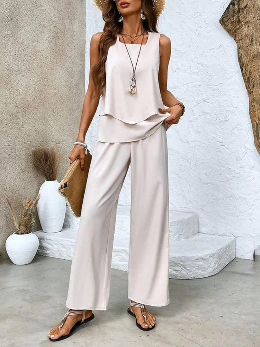 Lily | Women's Layered Top and Wide Leg Pants Set - Beige