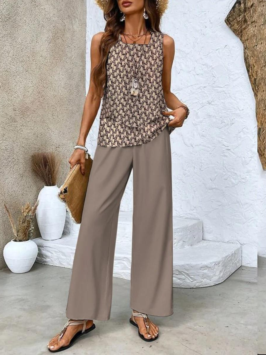 Lily | Women's Layered Top and Wide Leg Pants Set - Brown