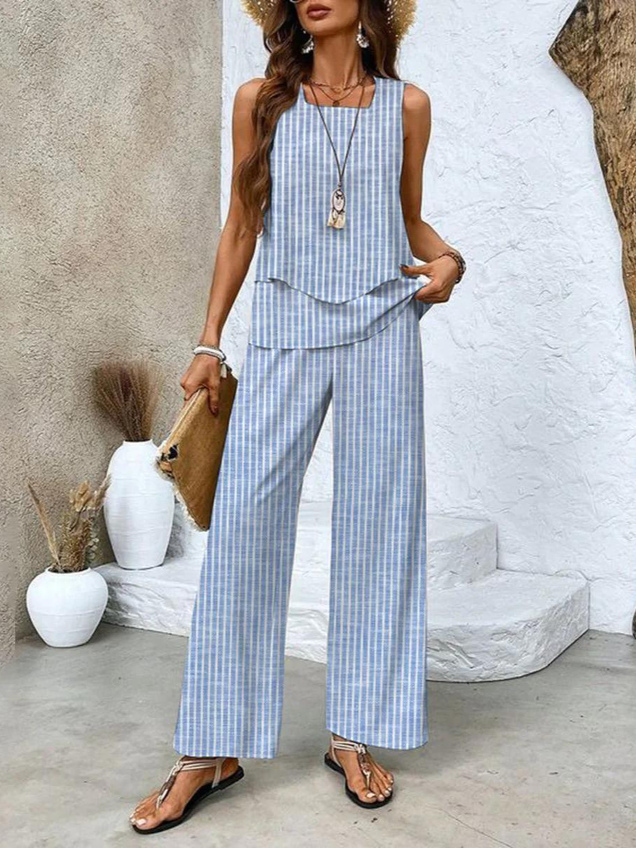 Lily | Women's Layered Top and Wide Leg Pants Set - Light Blue Striped Set