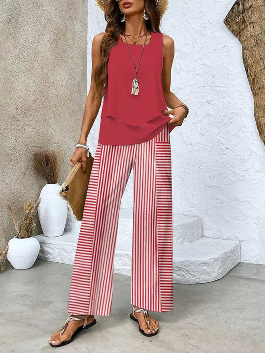 Lily | Women's Layered Top and Wide Leg Pants Set - Red
