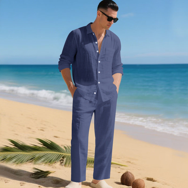 Logan | Men's Linen Shirt & Trousers Set - Dark blue