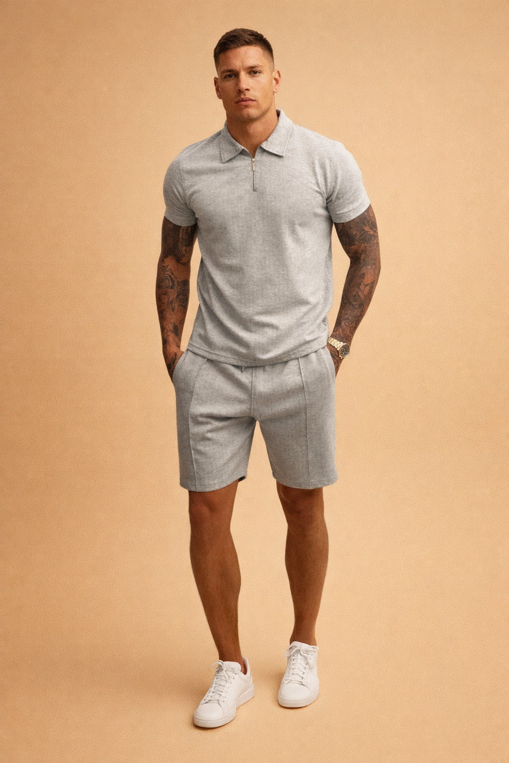 Logan | Men's Zip Polo and Shorts Set - Grey