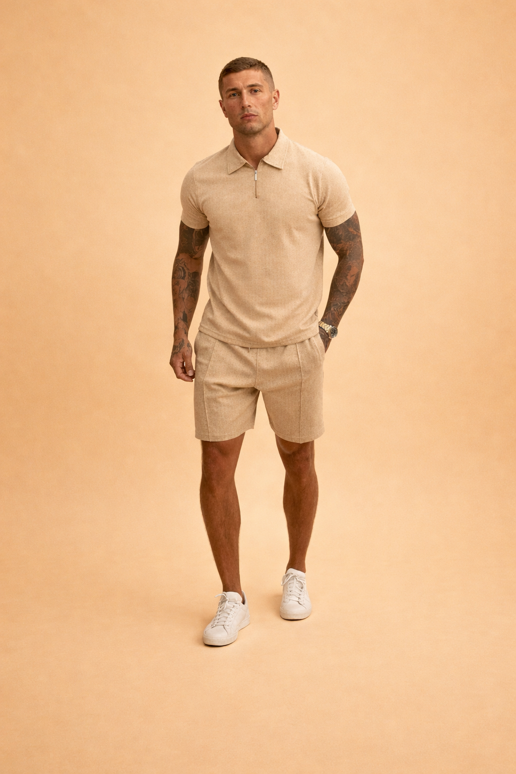 Logan | Men's Zip Polo and Shorts Set - Khaki