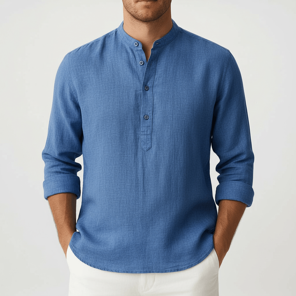 Luke | Men's Relaxed Linen Grandad Collar Shirt - Light blue