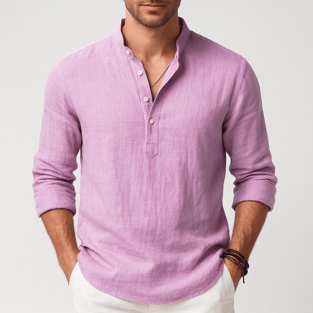 Luke | Men's Relaxed Linen Grandad Collar Shirt - Light purple