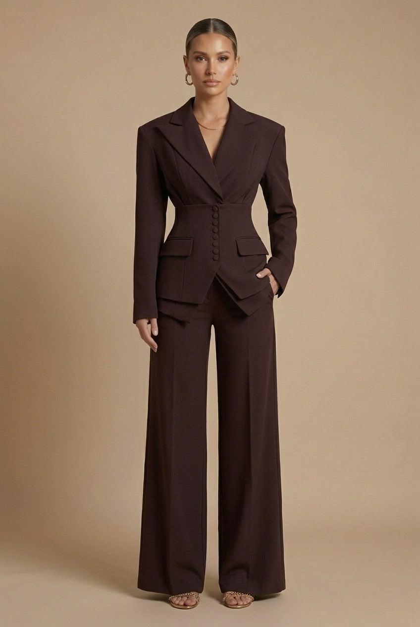 Molly | Women's Peak Lapel Wide Leg Trouser Suit - Coffee