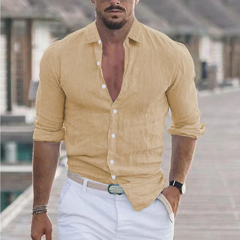 Rory | Men's Linen Camp Collar Shirt - khaki