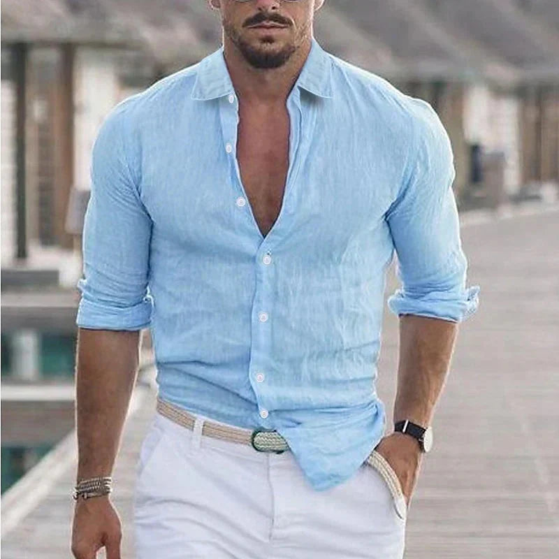 Rory | Men's Linen Camp Collar Shirt - light blue