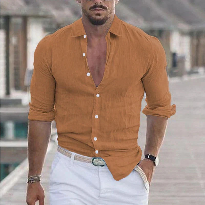 Rory | Men's Linen Camp Collar Shirt - orange