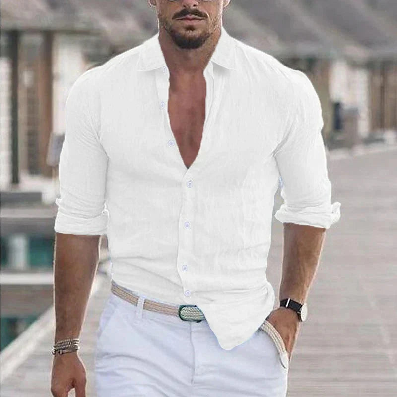 Rory | Men's Linen Camp Collar Shirt - white