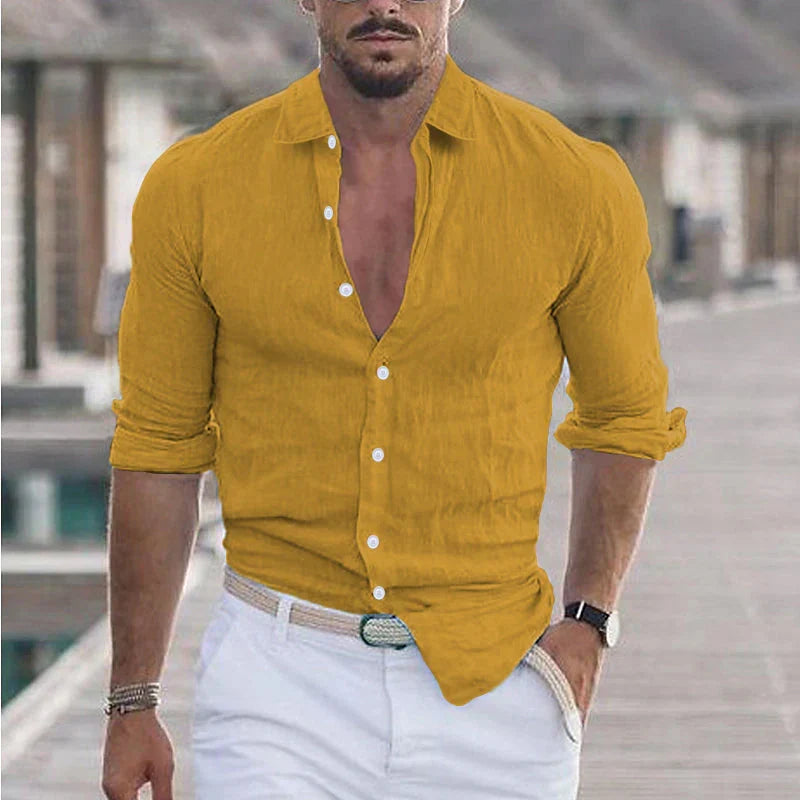 Rory | Men's Linen Camp Collar Shirt - yellow