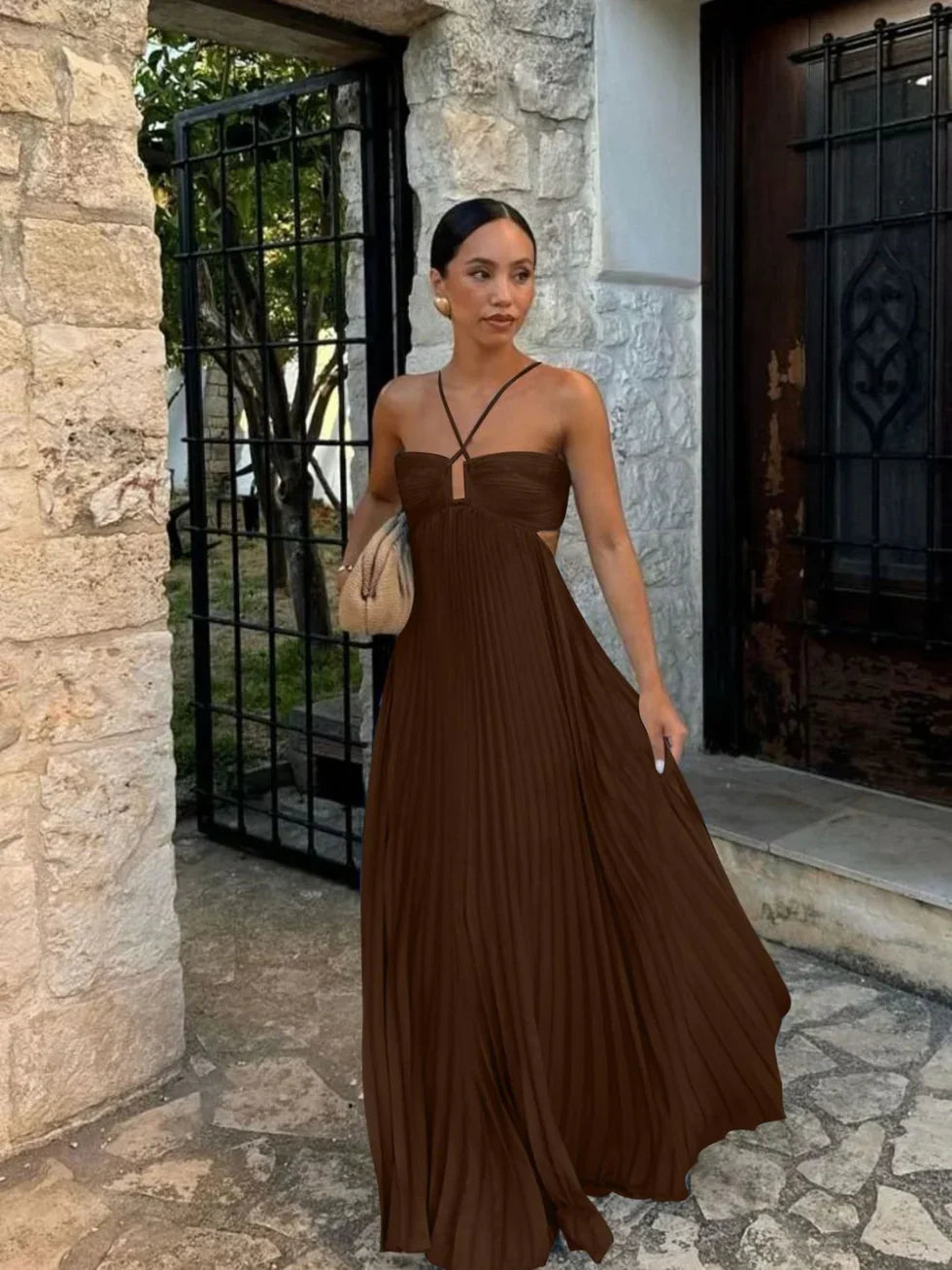 Sophie | Women's Halterneck Pleated Maxi Dress - Brown