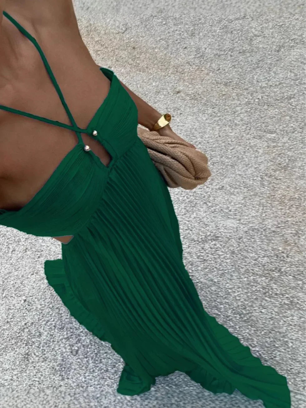 Sophie | Women's Halterneck Pleated Maxi Dress - Green