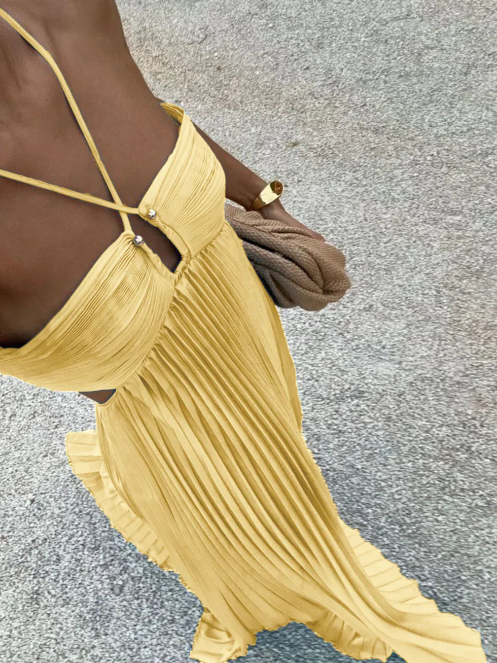 Sophie | Women's Halterneck Pleated Maxi Dress - Yellow
