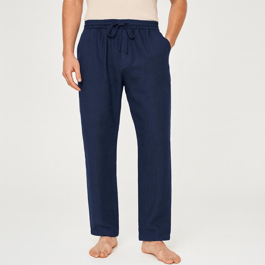 Toby | Men's Linen Drawstring Trousers - Navy blue