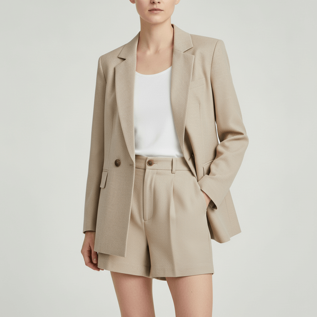 Tanzanix | Airy summer set with blazer and shorts-Apparel & Accessories > Clothing > Outfit Sets-Beige-S-Tanzanix