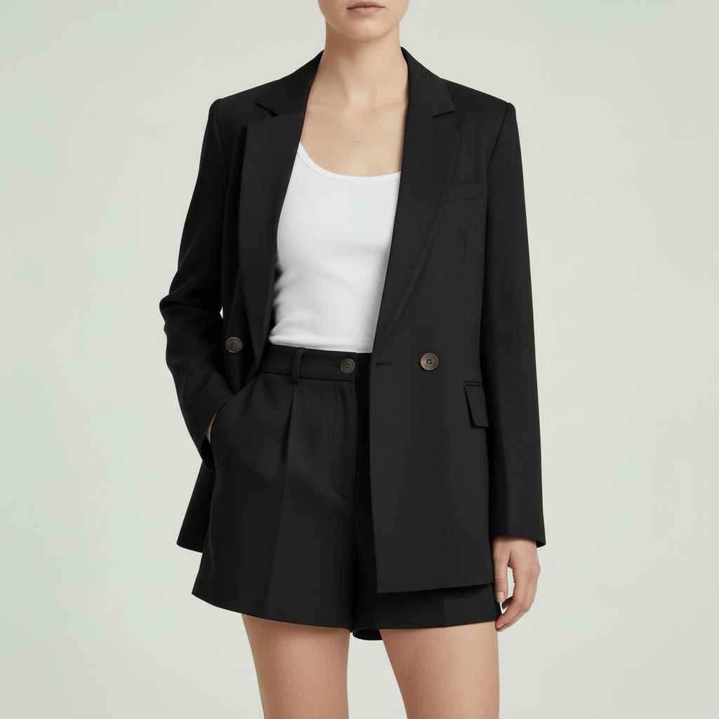 Tanzanix | Airy summer set with blazer and shorts-Apparel & Accessories > Clothing > Outfit Sets-Black-S-Tanzanix