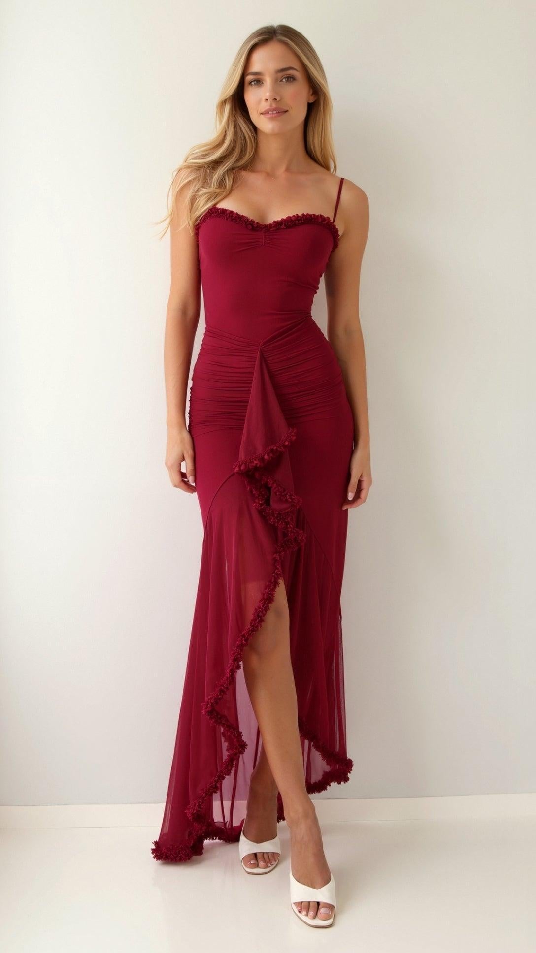 Tanzanix | Asymmetrical Maxi Dress with Heart-shaped Neckline-Apparel & Accessories > Clothing > Dresses-Burgundy-S-Tanzanix