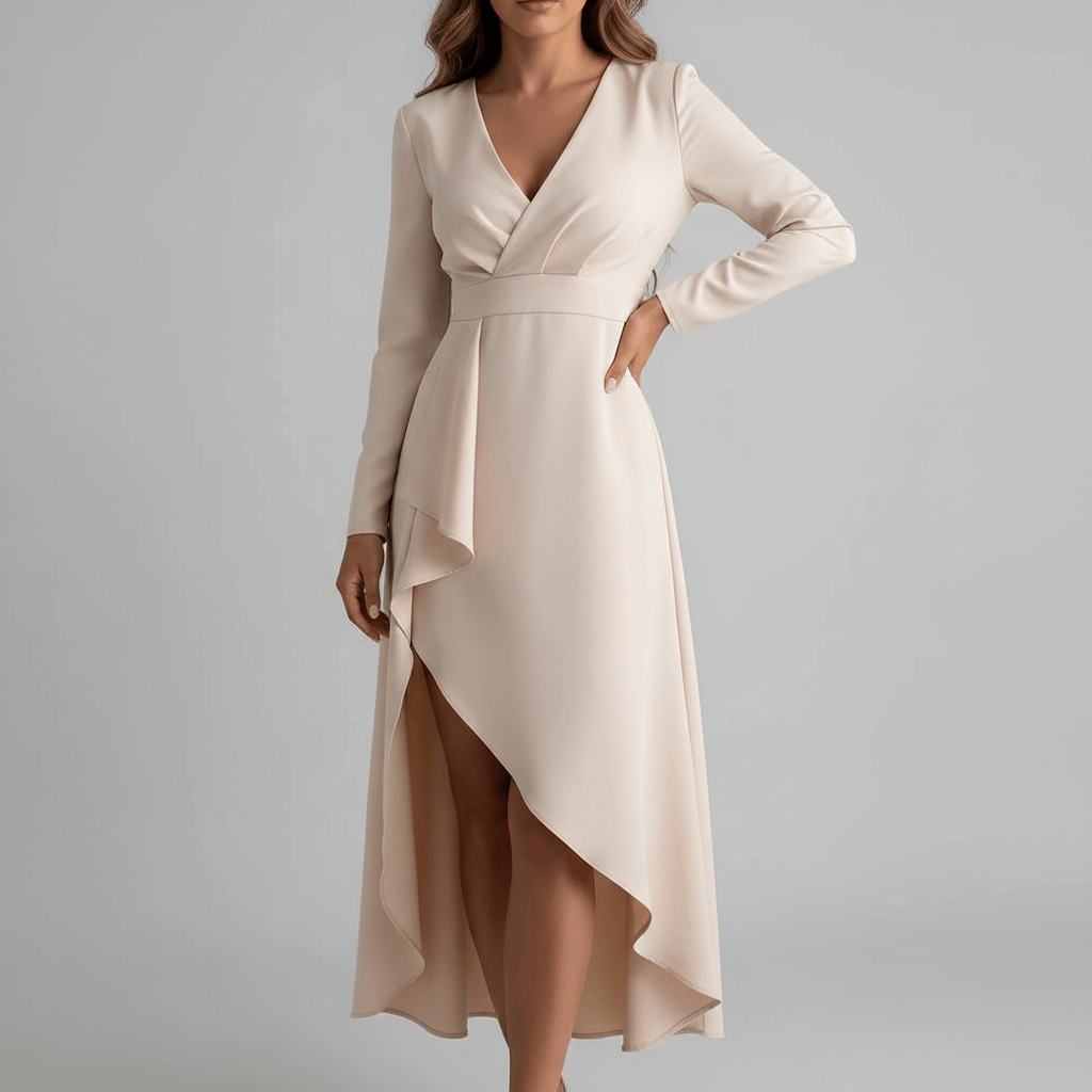 Tanzanix | Asymmetrical midi dress with V-neck-Apparel & Accessories > Clothing > Dresses-Beige-XS-Tanzanix